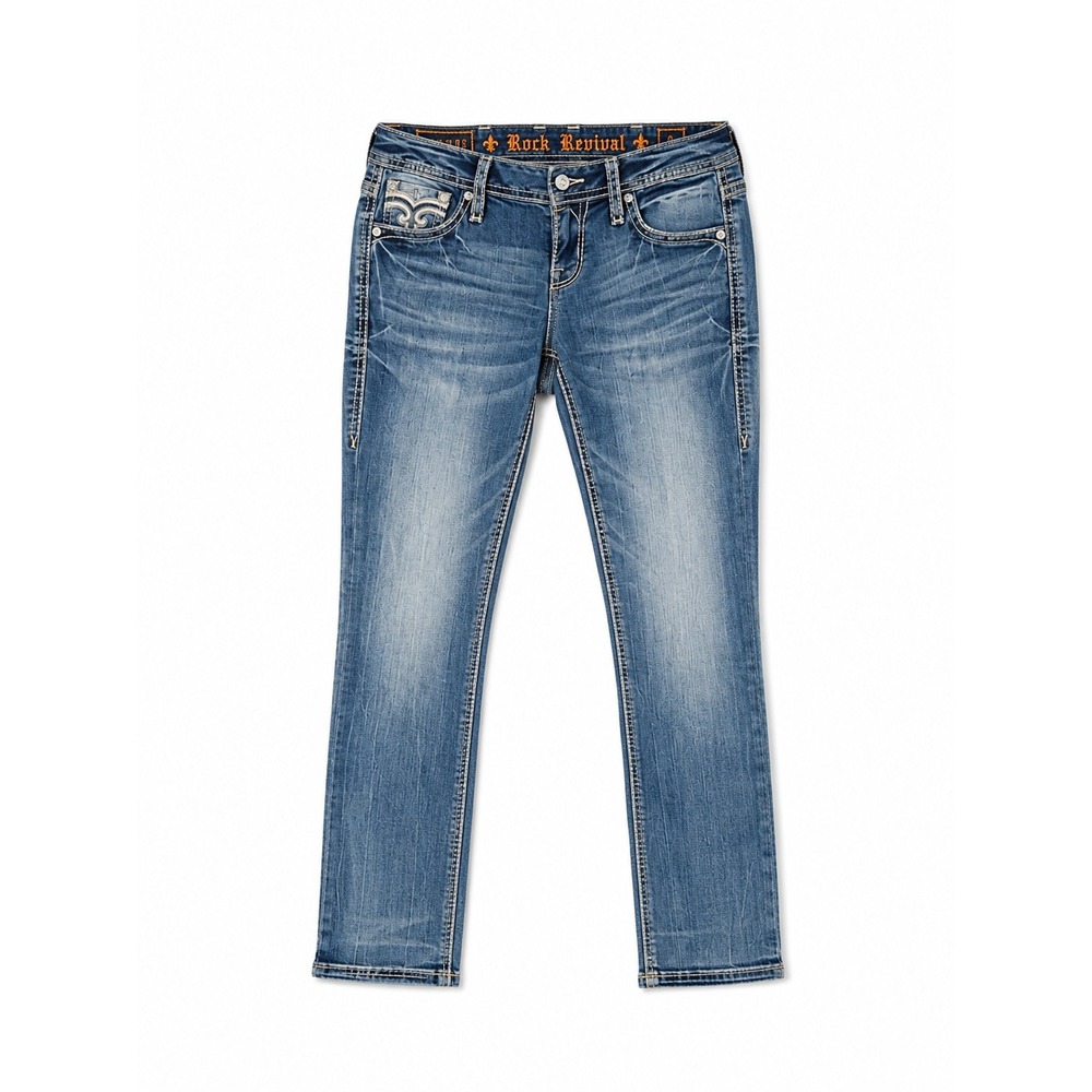 Rock Revival Abrienda Low RIse Cropped Jeans Size 26 Embellished Flap Pocket - Picture 2 of 14
